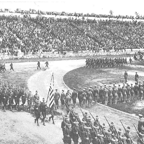 The Corps of Cadets conducts mandatory drilling session on Schoelkopf field in 1917.