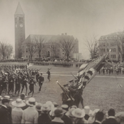 A Corps of Cadets procession around the arts quad on Cornell University.