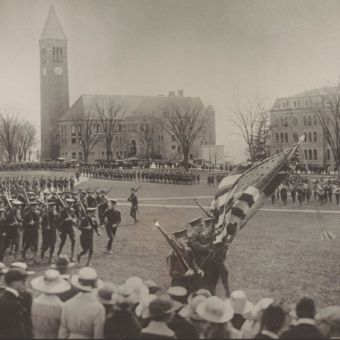 A Corps of Cadets procession around the arts quad on Cornell University.